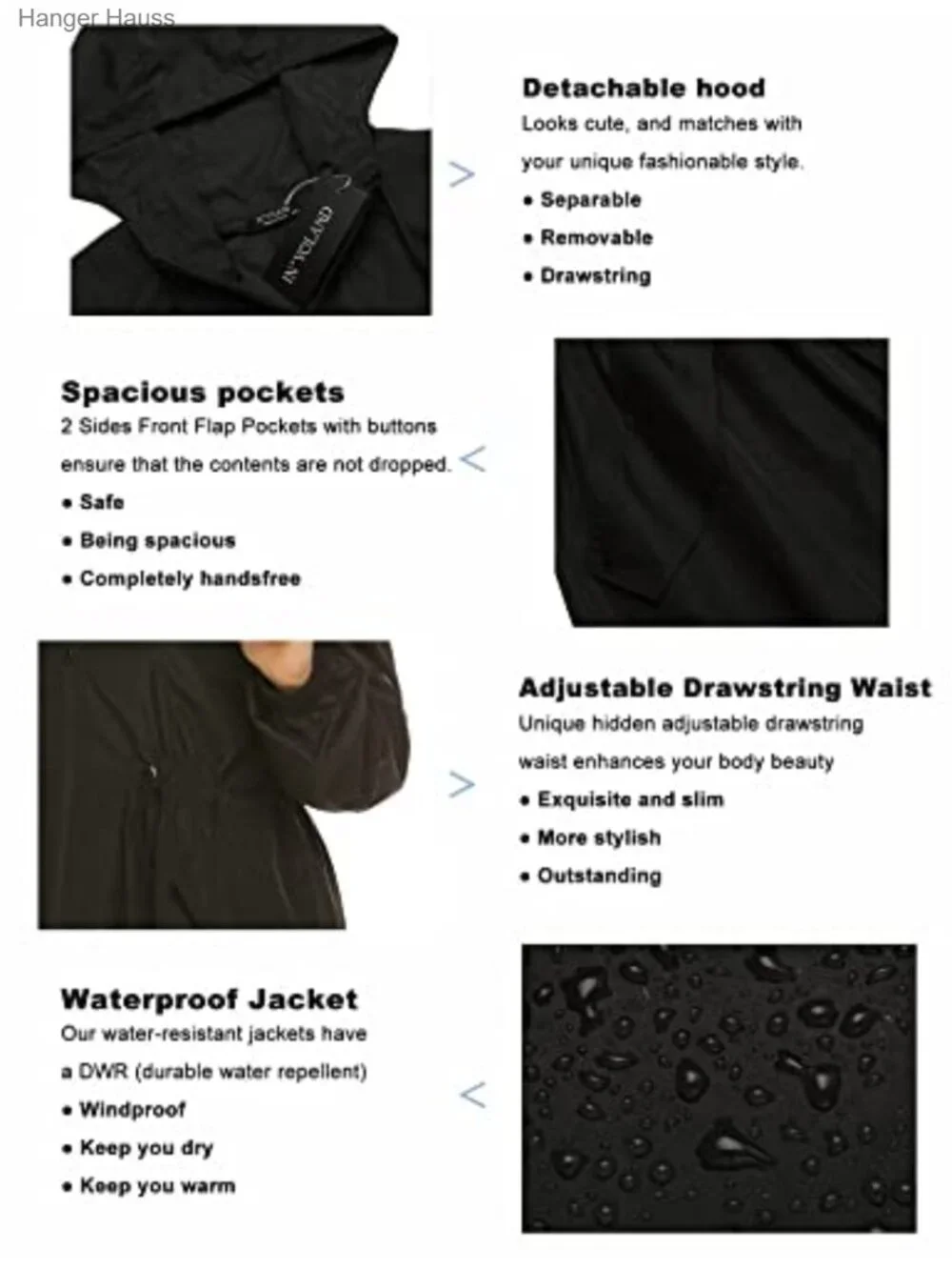 Women's Waterproof Raincoat Lightweight Long Trench Jacket Hooded Packable